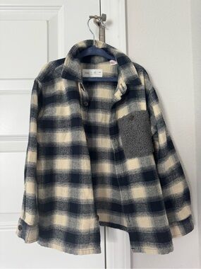 Zara Navy and Cream Plaid Sherpa Pocket Jacket